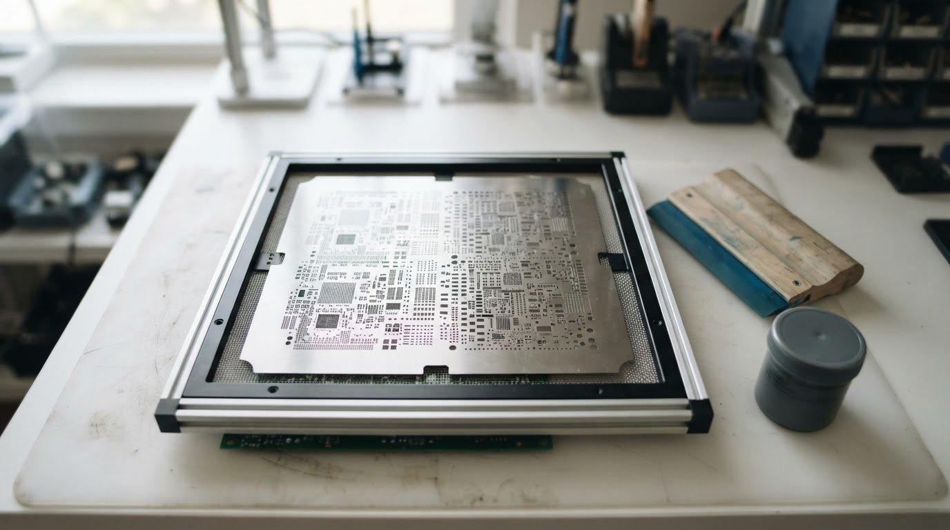 Stainless steel SMT stencil on a frame holder beside solder paste in an assembly lab